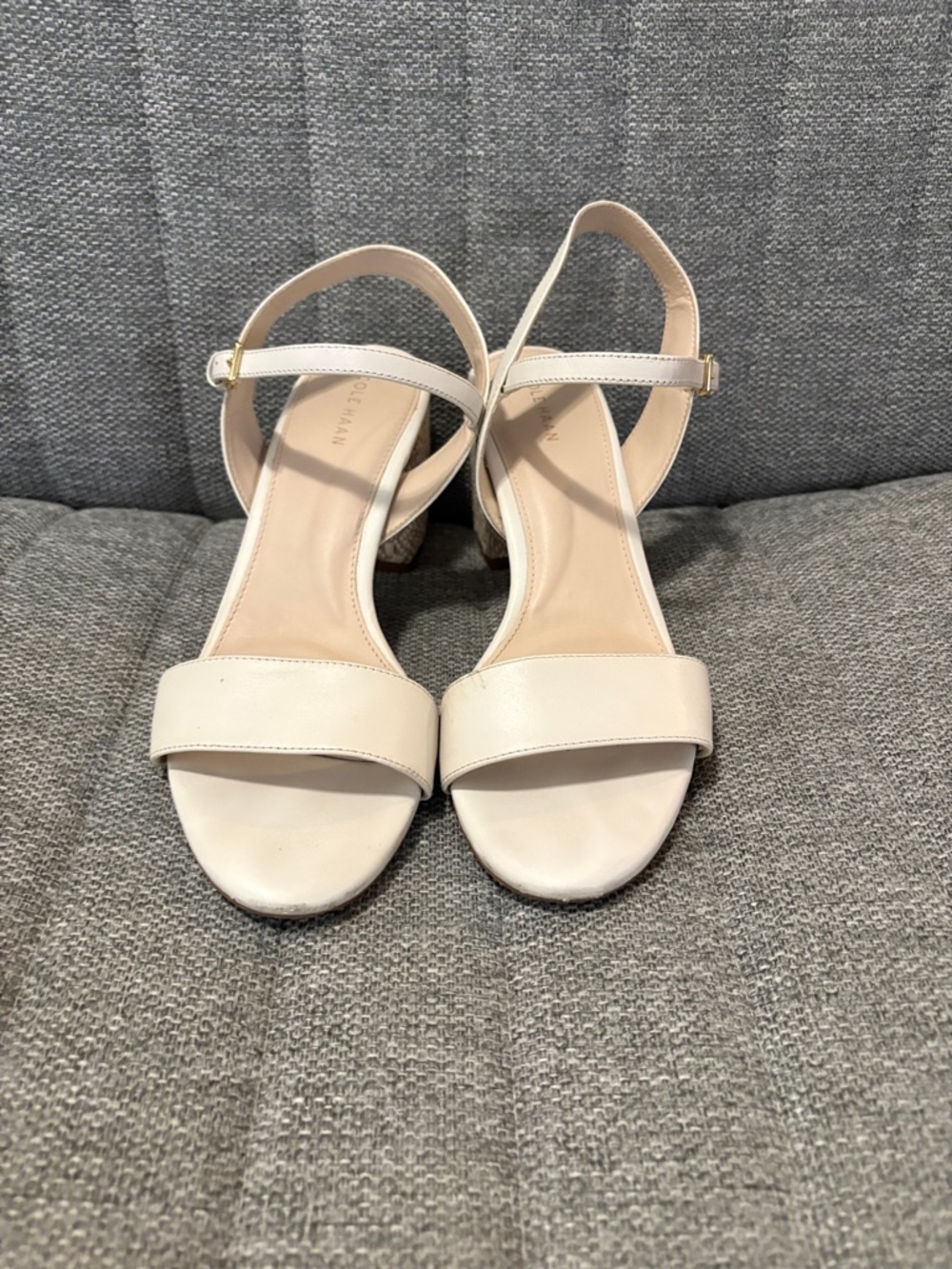 Cole Haan Beige Ankle Strap Block Heel Sandals